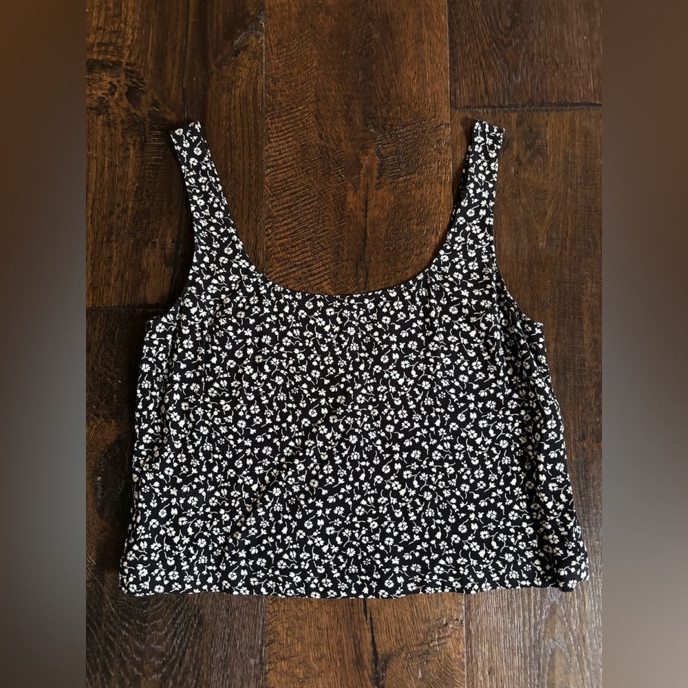 Reformation Black Floral Crop Scoop Neck Tank Top S